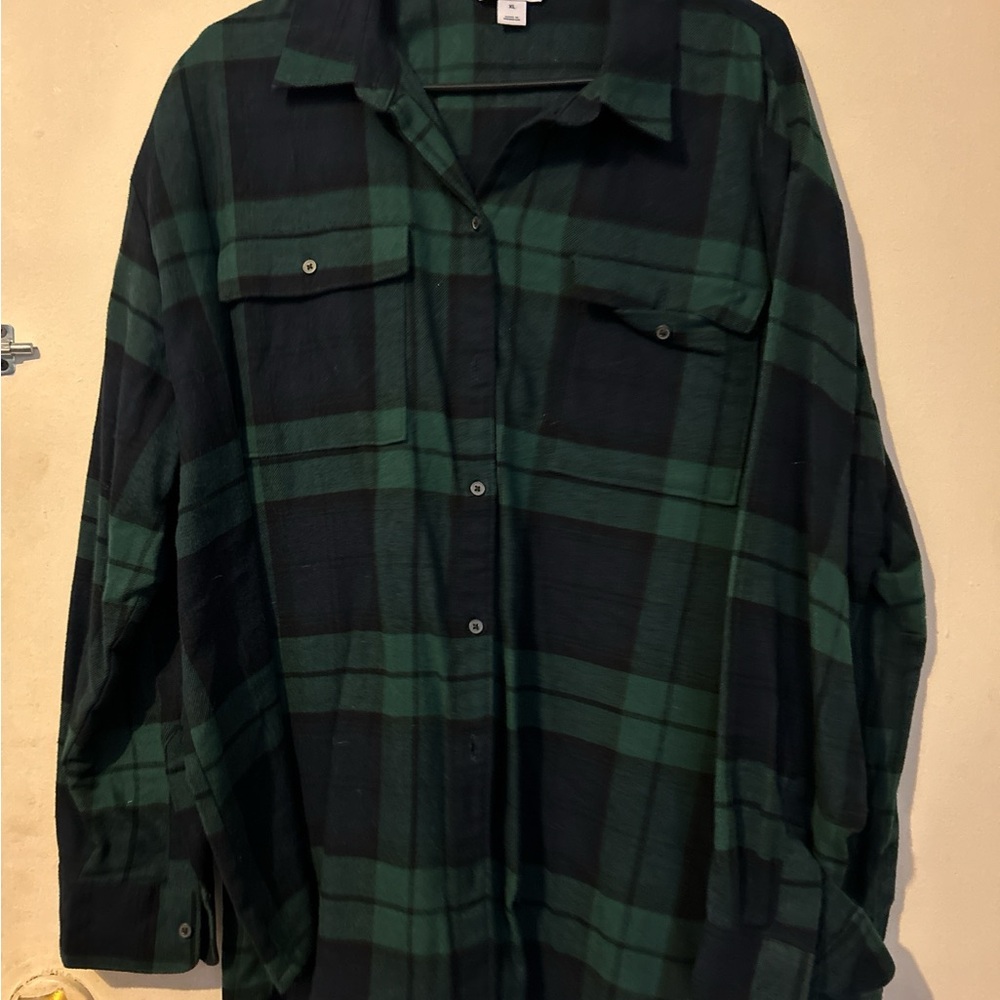 Green and Black Plaid Button-Up Shirt